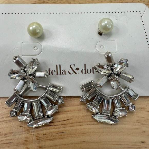 Stella & Dot Starburst Convertible Earrings With Pearl Studs & Rhinestone Jacket - Picture 2 of 8